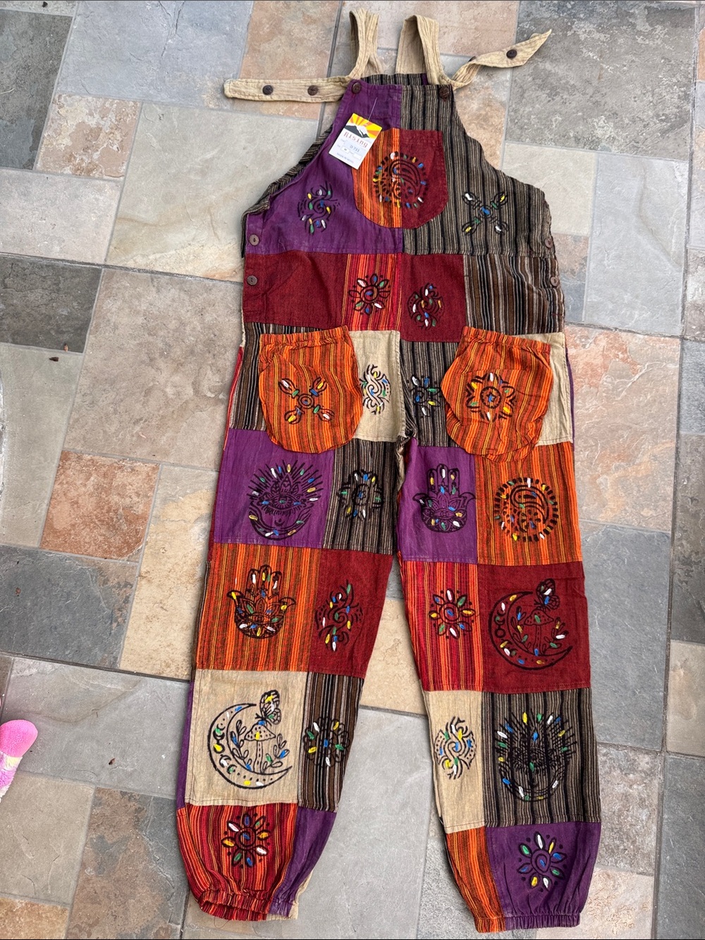 Rising International Multicolor Patchwork Embroidered Overalls